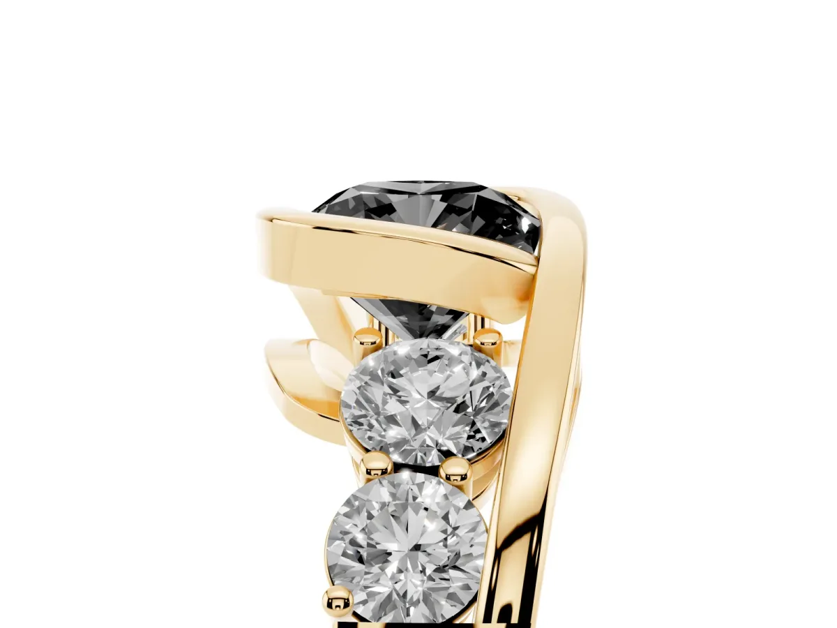 Fancy Black Bezel Set Cushion Cut Diamond Bypass Ring with Round Accents Yellow gold
