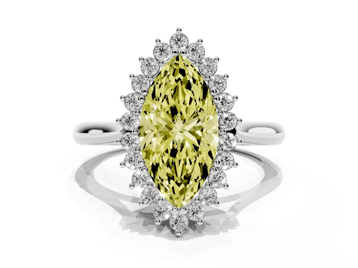 Fancy Yellow Marquise Cut Cut Diamond Halo Ring with Solitaire Band and Prong Setting Silver