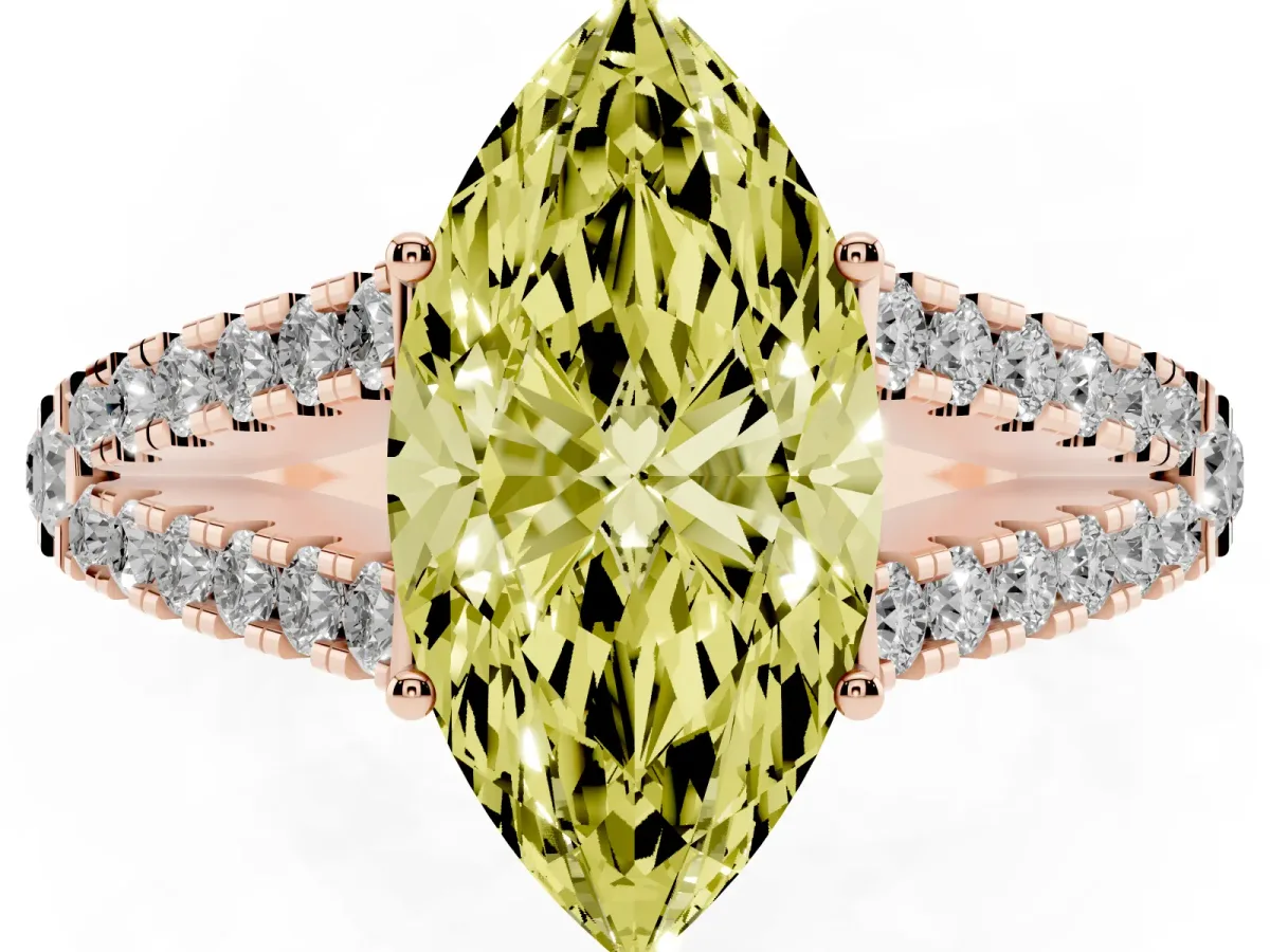 Fancy Yellow Marquise Cut Diamond Split Shank Pavé Engagement Ring with Four-Prong Setting Rose gold
