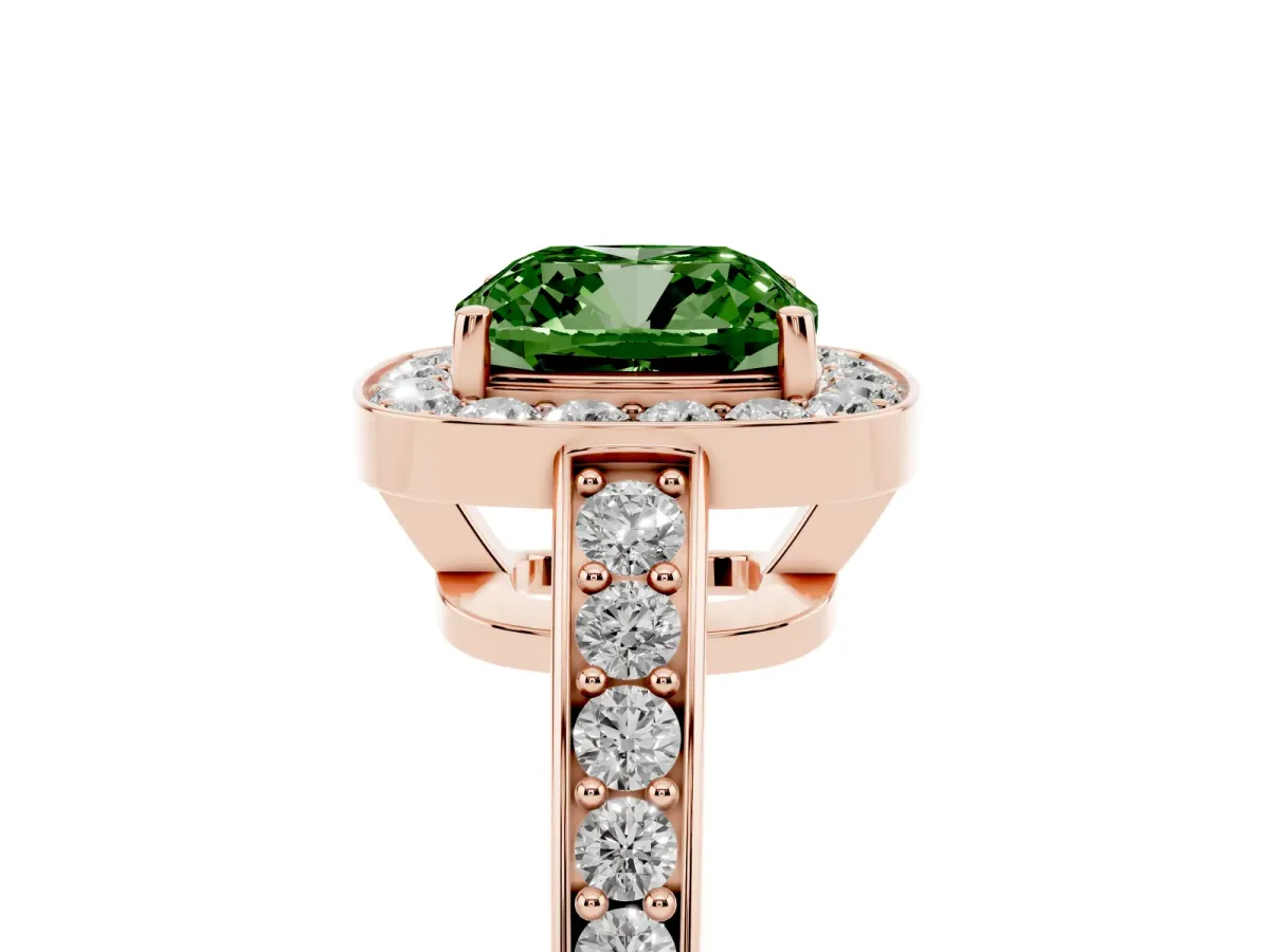 Fancy Green Cushion Cut Halo Pavé Diamond Engagement Ring with Bezel Setting Rose gold