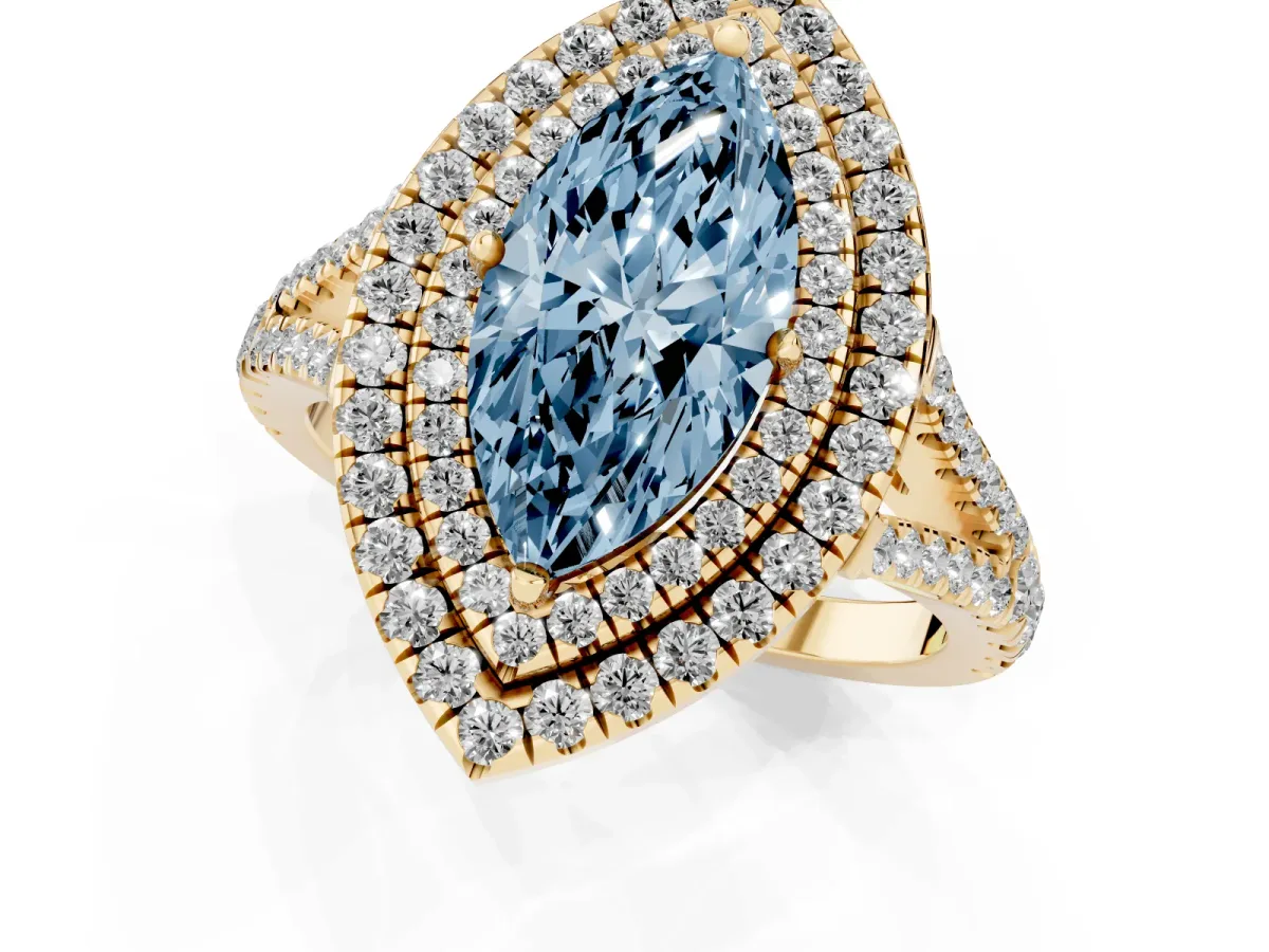 Fancy Blue Marquise Cut Diamond Double Halo Ring with Pavé Band and Prong Setting Yellow gold