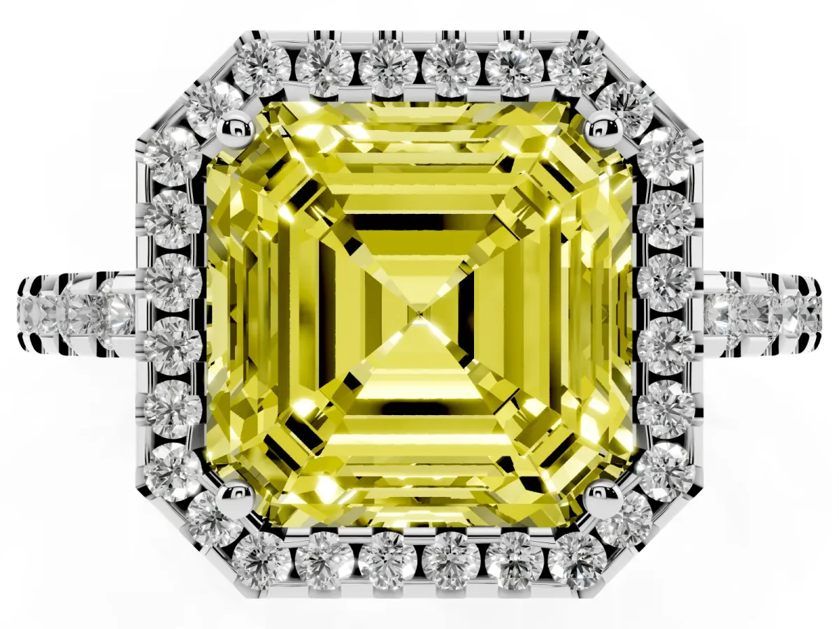 Fancy Yellow Asscher Cut Diamond Halo Engagement Ring with Pavé Band and Prong Setting White gold
