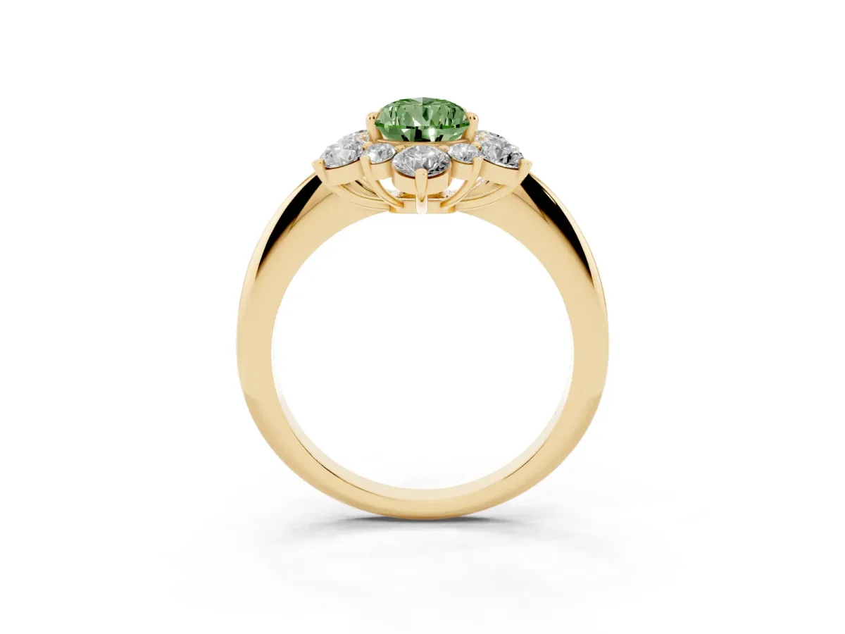 Fancy Green Pear Cut Diamond Cluster Halo Ring with Solitaire Band and Four-Prong Setting Yellow gold