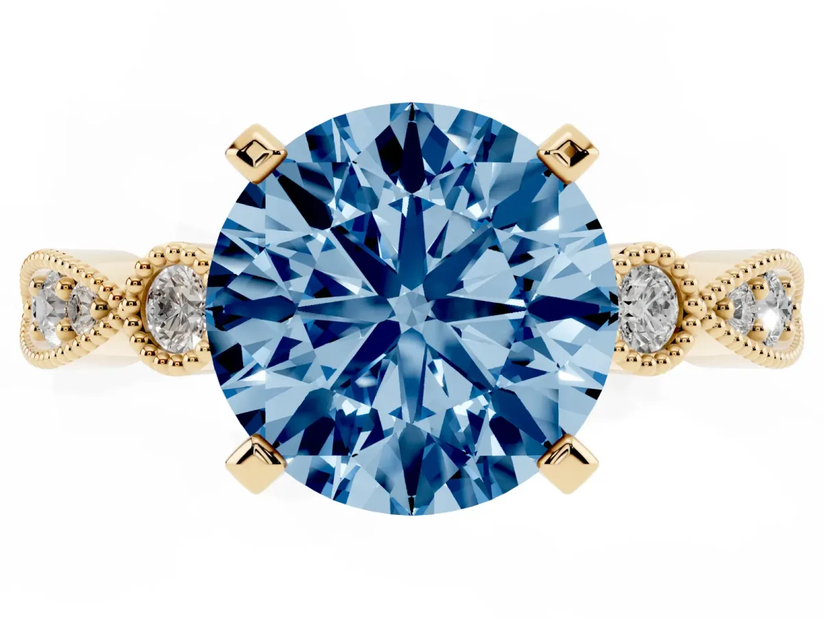 Fancy Blue Round Cut Milgrain Bezel Diamond Engagement Ring with Solitaire Prong Setting Yellow gold