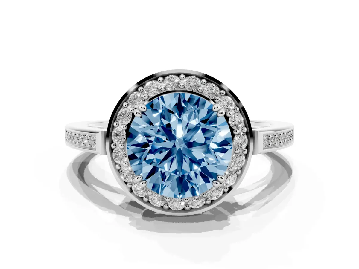 Fancy Blue Round Cut Diamond Halo Ring with Split Shank and Four-Prong Setting White gold