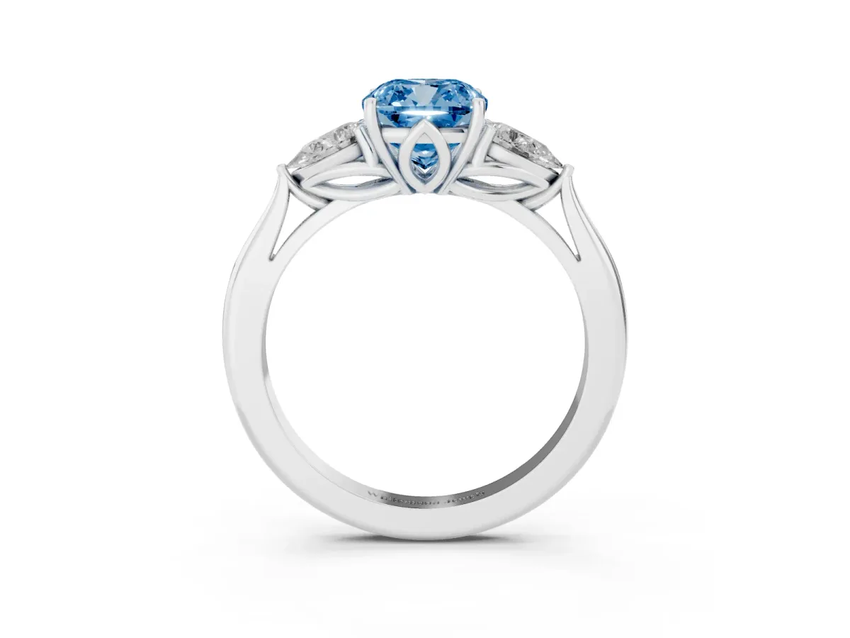 Fancy Blue Cushion Cut Diamond Three-Stone Ring with Pear Side Stones and Prong Setting Silver