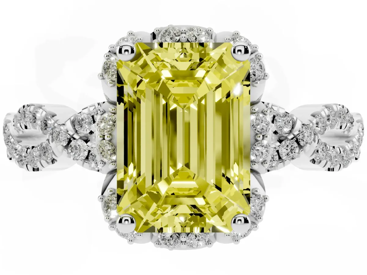 Fancy Yellow Emerald Cut Halo Twist Band Solitaire Ring with Six-Prong Setting Silver