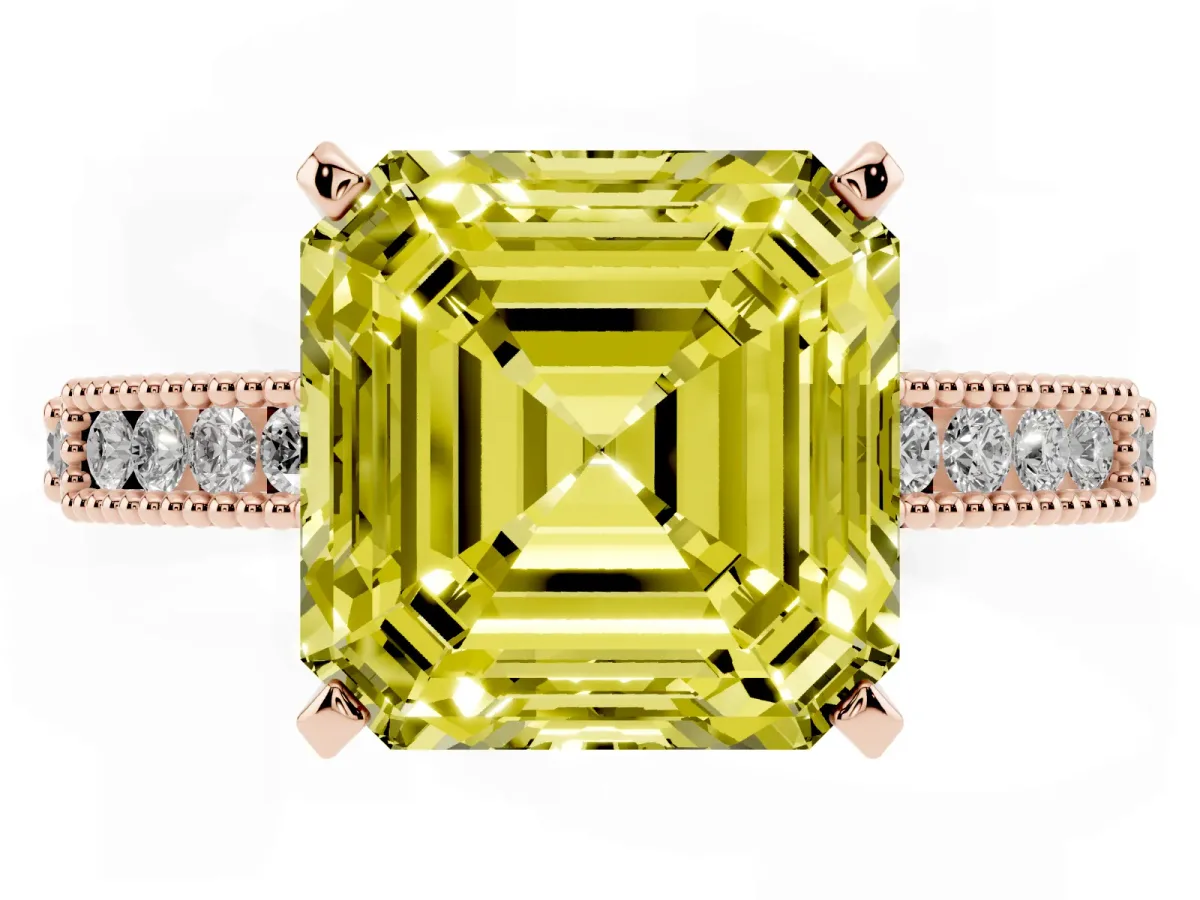 Fancy Yellow Asscher Cut Solitaire with Pavé Band and Four-Prong Setting Rose gold
