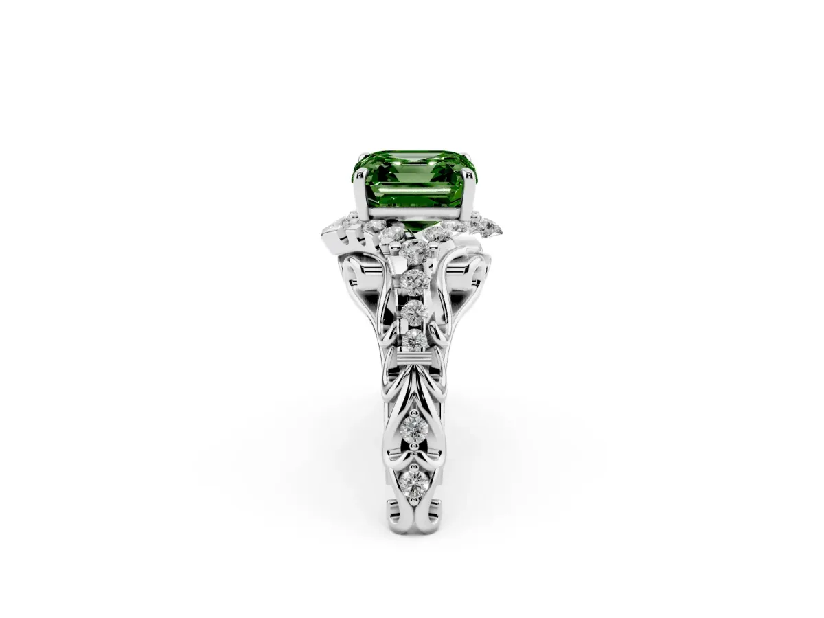 Fancy Green Asscher Cut Diamond Solitaire Ring with Hidden Halo and Pavé Band White gold