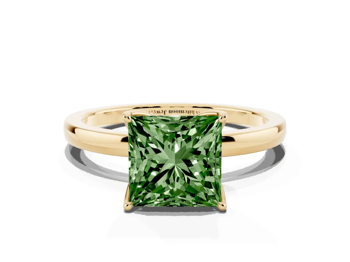Fancy Green Princess Cut Diamond Solitaire Ring with Thin Band and Prong Setting Yellow gold