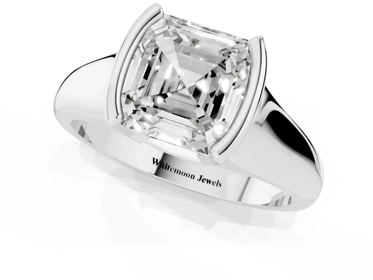 Asscher Cut Solitaire Tension Set Diamond Ring with Split Shank Band Silver