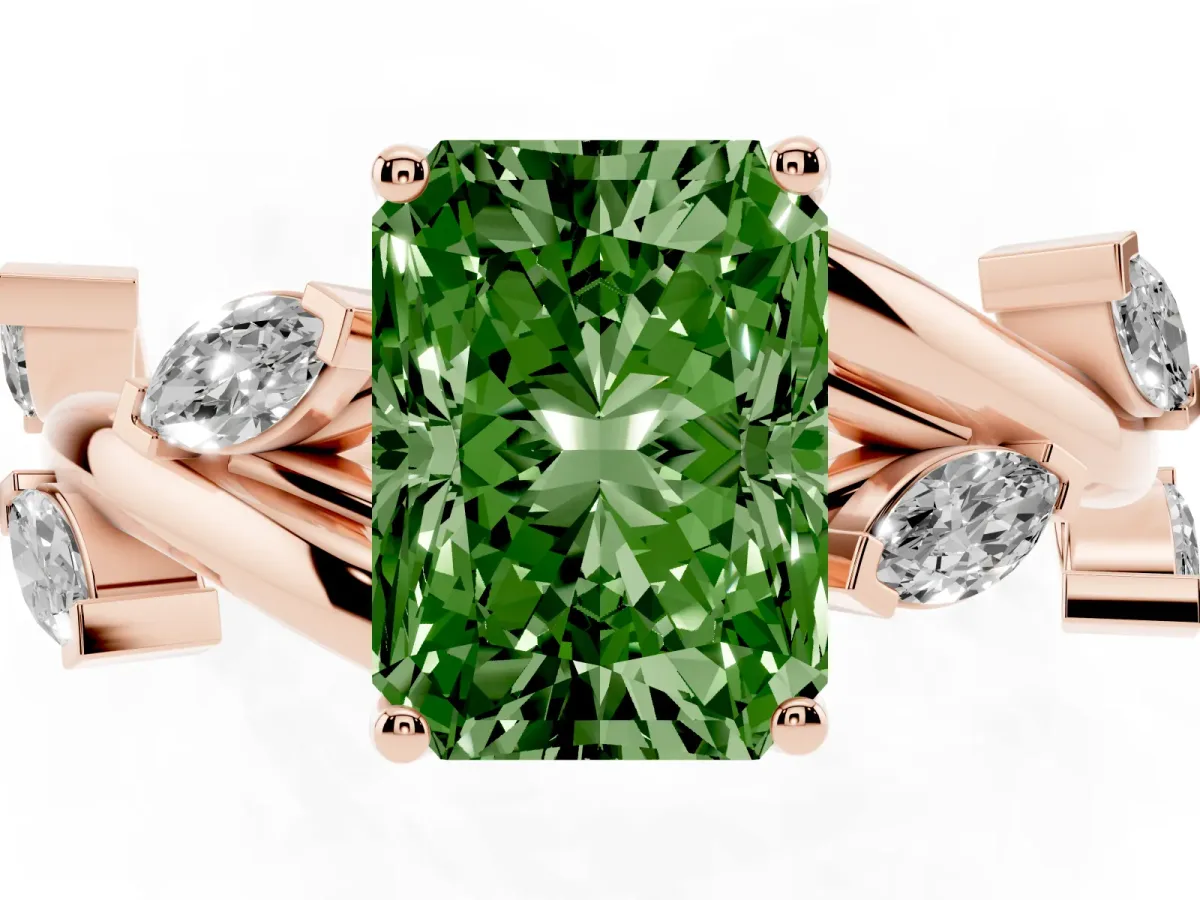 Fancy Green Radiant Cut Solitaire Twisted Band Marquise Accent Prong Setting Ring Rose gold