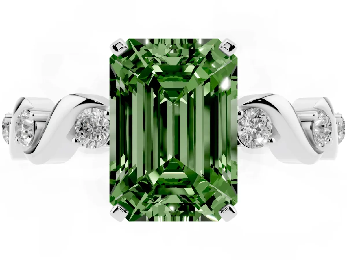 Fancy Green Emerald Cut Diamond Solitaire Twisted Band with Round Accents and Prong Setting White gold