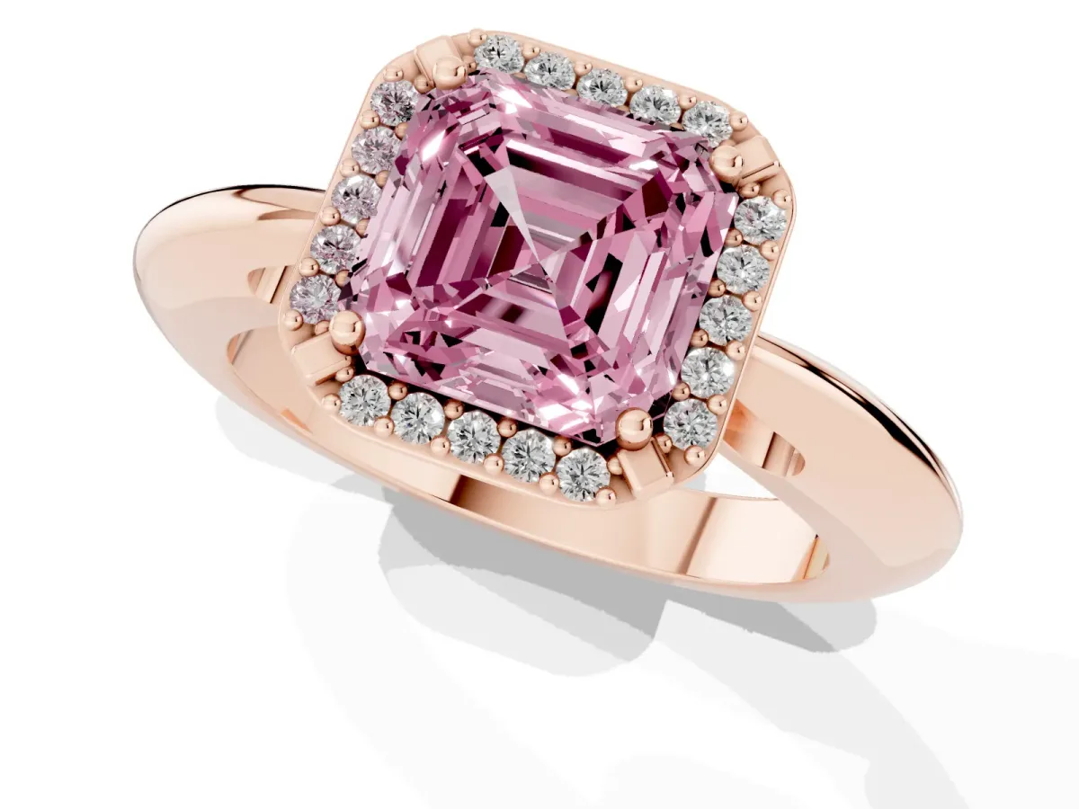 Fancy Pink Asscher Cut Cut Diamond Halo Engagement Ring with Split Shank and Four-Prong Setting Rose gold