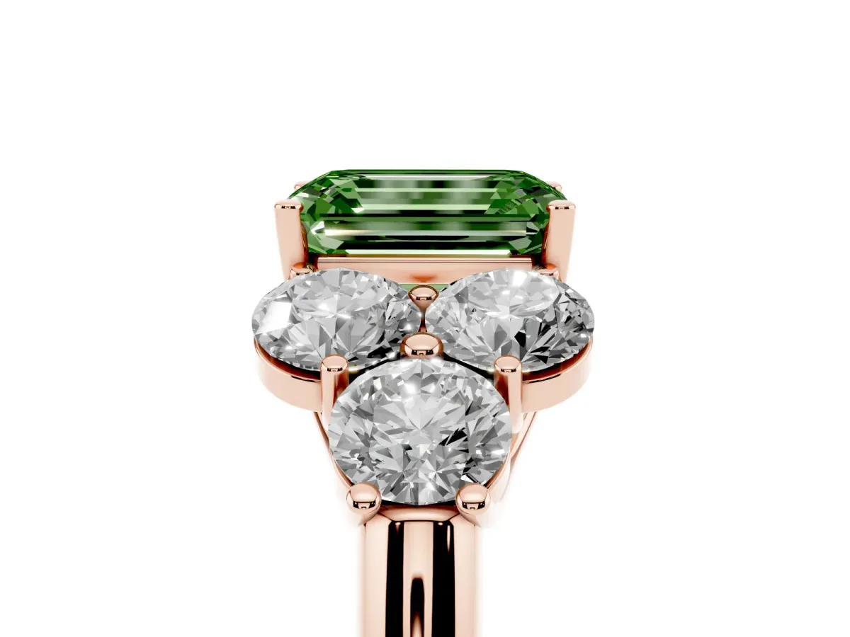 Fancy Green Emerald Cut Cut Diamond Cluster Ring with Round Accent Stones and Prong Setting on a Classic Band Rose gold