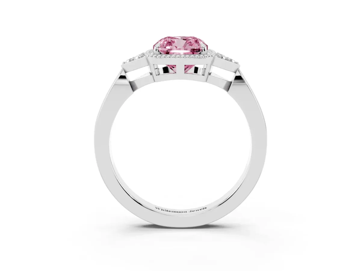 Fancy Pink Hexagonal Halo Cushion Cut Diamond Solitaire with Pavé Band and Four-Prong Setting Silver