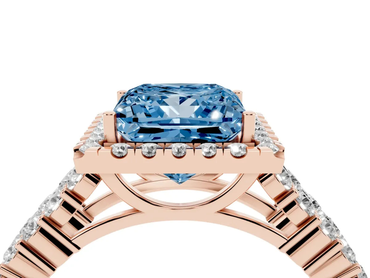 Fancy Blue Princess Cut Diamond Halo Engagement Ring with Triple Row Round Pavé Band and Prong Setting Rose gold