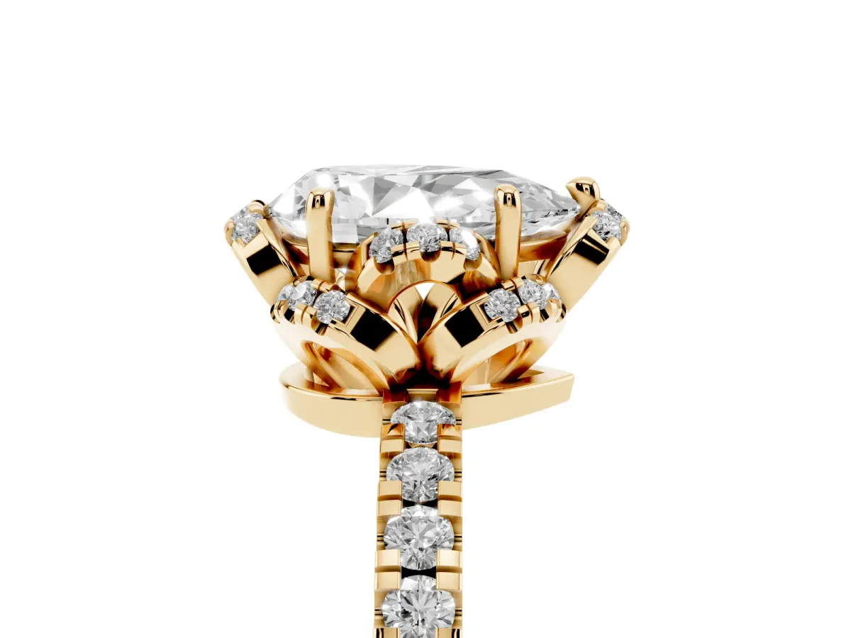 Pear Cut Halo Diamond Pave Band Ring with Four-Prong Setting Yellow gold