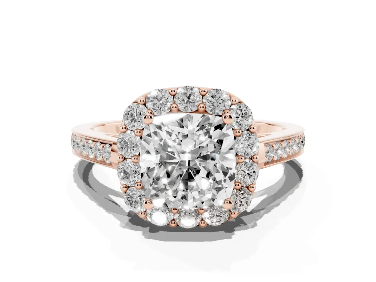 Cushion Cut Diamond Floral Halo Ring with Pavé Band and Prong Setting Rose gold