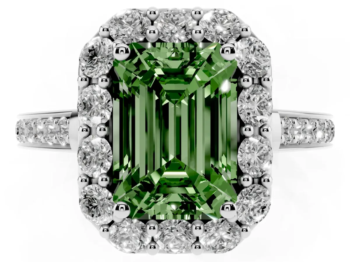 Fancy Green Emerald Cut Diamond Floral Halo Ring with Pavé Band and Prong Setting White gold