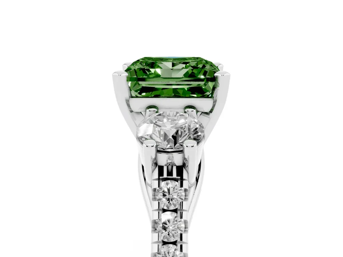 Fancy Green Three-Stone Princess Cut Diamond Pavé Band with Four-Prong Setting Silver