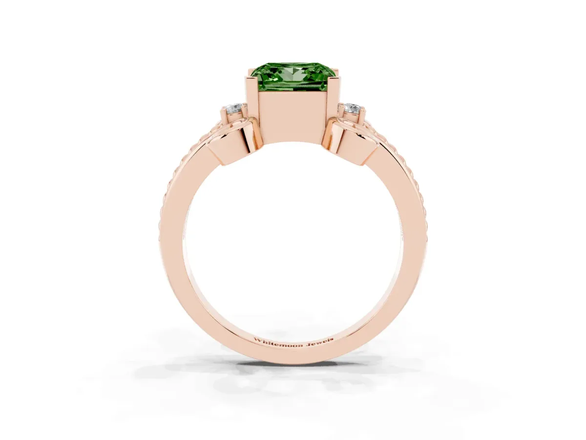 Fancy Green Princess Cut Solitaire Twisted Band Scroll Prong Ring Rose gold