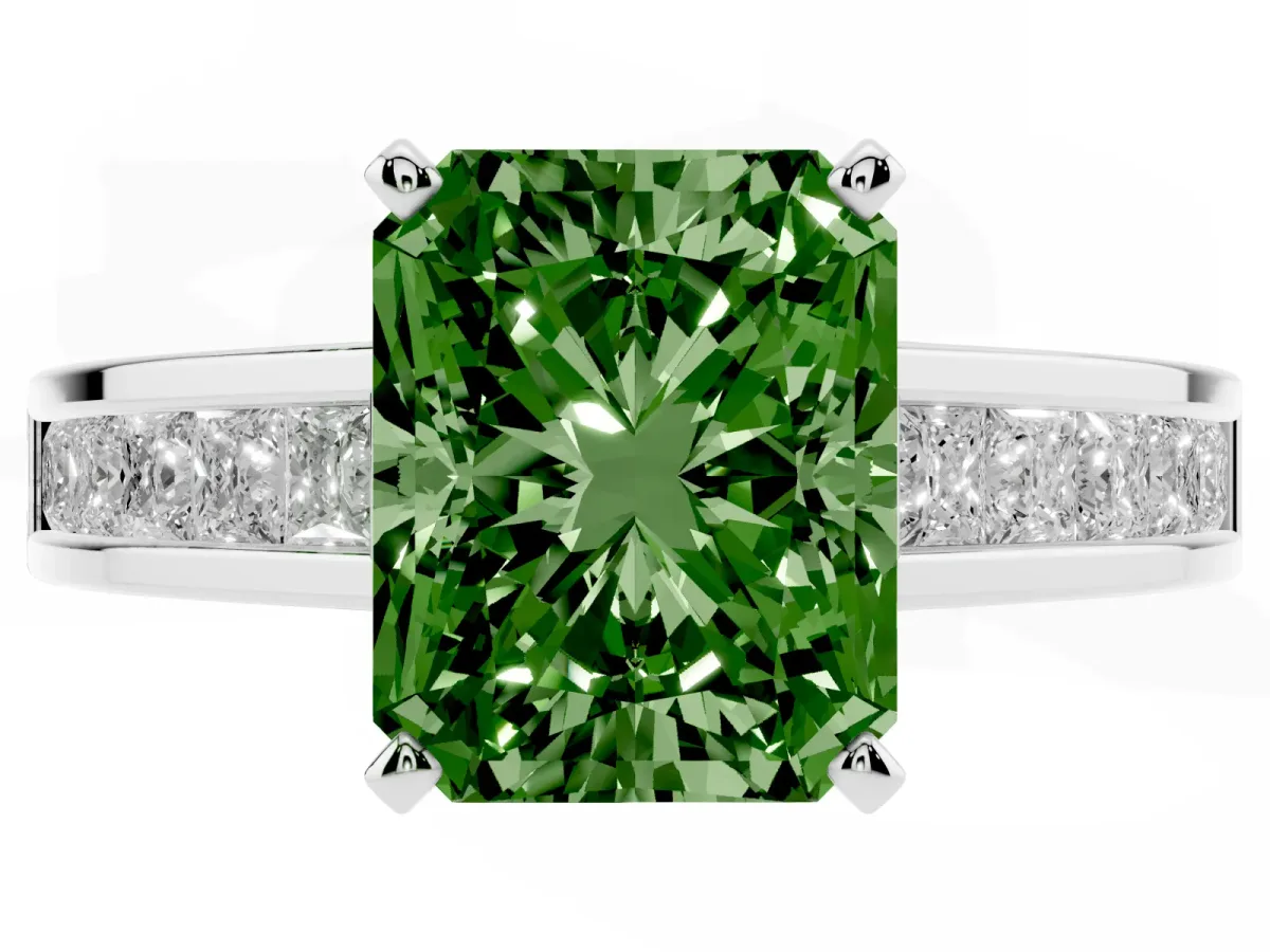 Fancy Green Radiant Cut Solitaire Diamond Ring with Channel-Set Band and Four-Prong Setting Silver