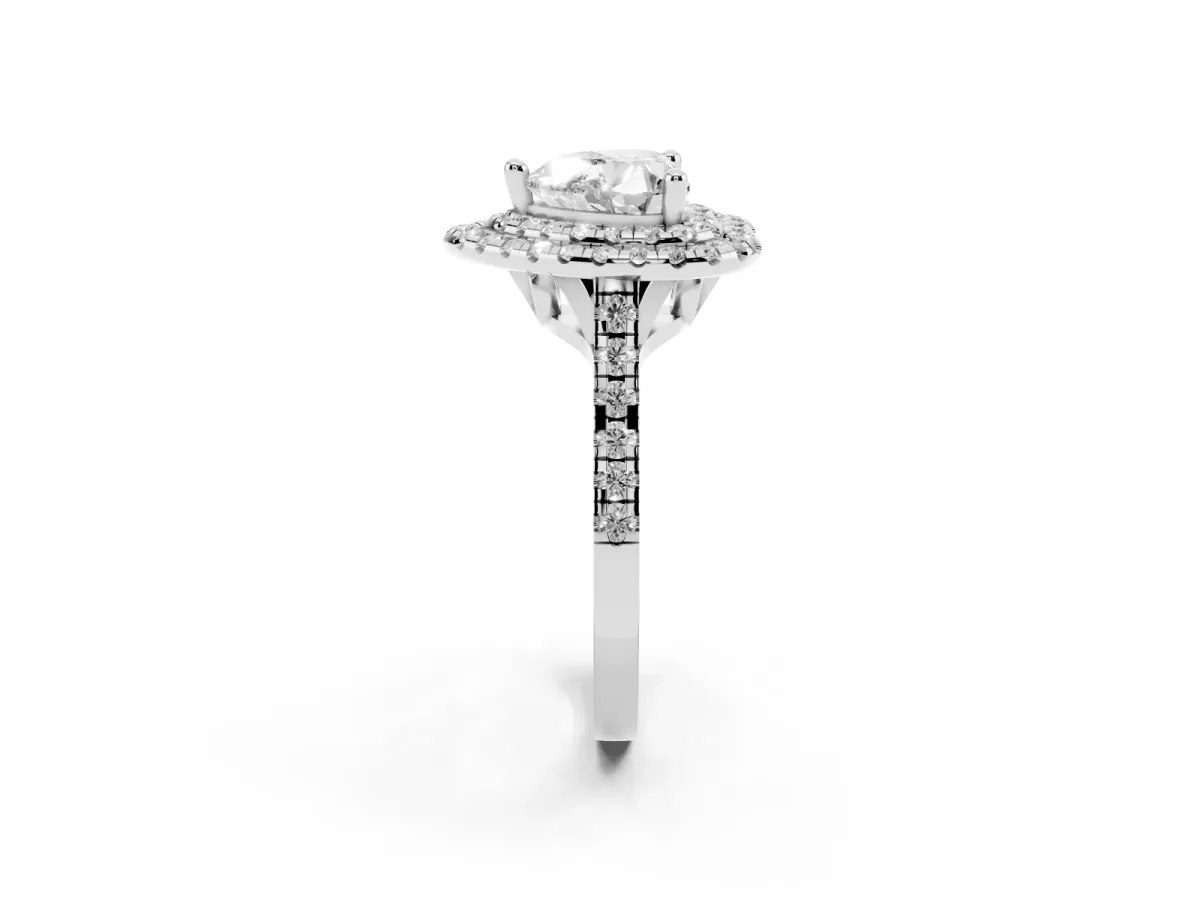 Double Halo Heart Cut Diamond Pavé Band with Four-Prong Setting Silver