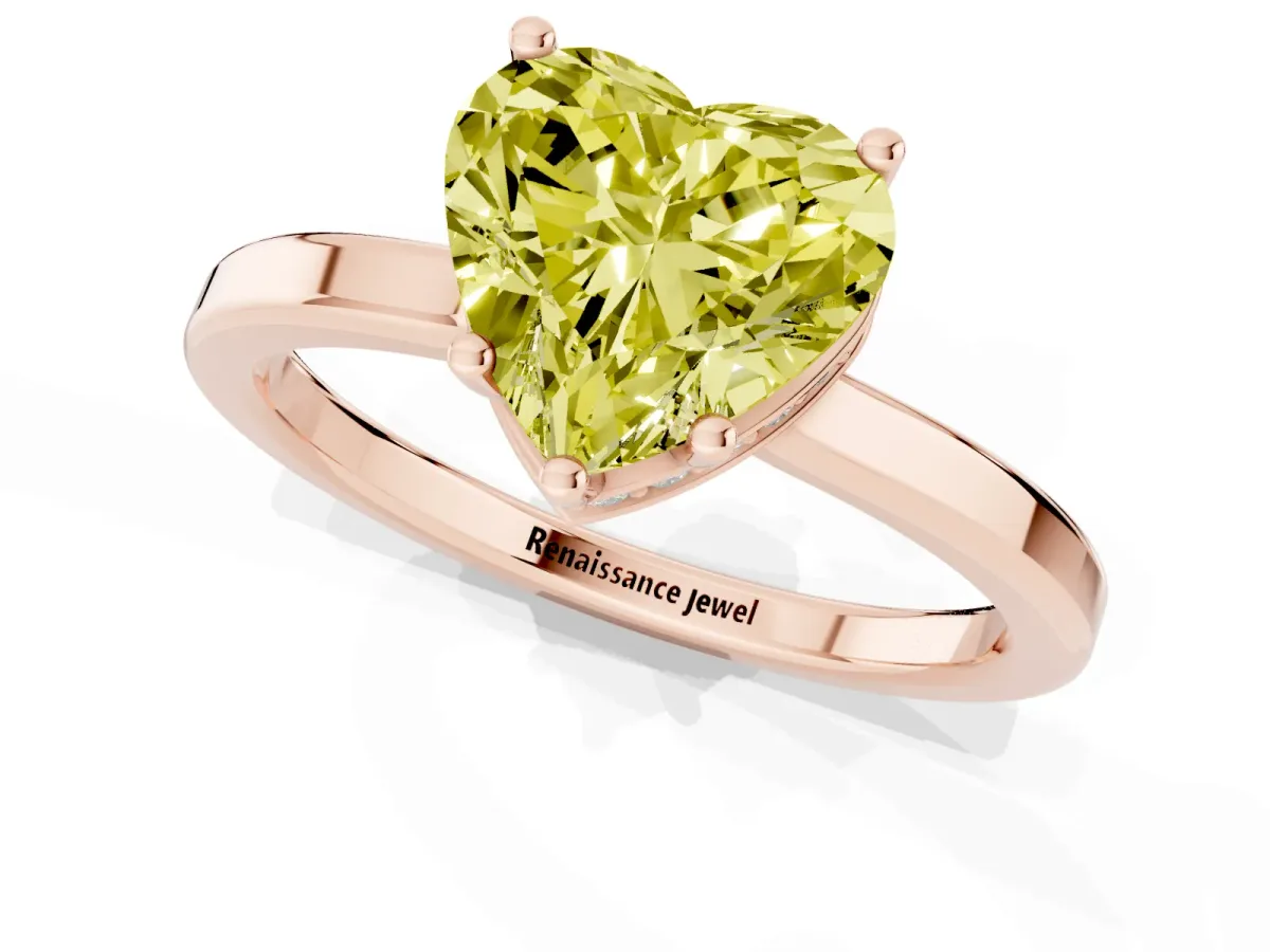 Fancy Yellow Heart Cut Cut Solitaire Engagement Ring with Four-Prong Setting on a Classic Band Rose gold