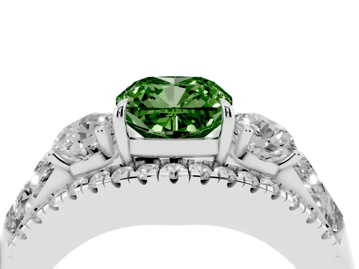 Fancy Green Three-Stone Cushion Cut Diamond Engagement Ring with Pave Band and Prong Setting Silver