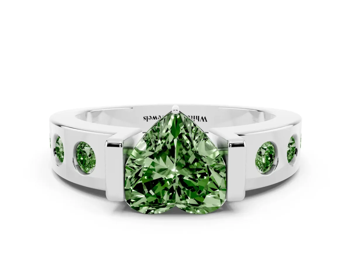 Fancy Green Heart Cut Brilliant Channel-Set Diamond Ring with Bezel Prong Setting Silver