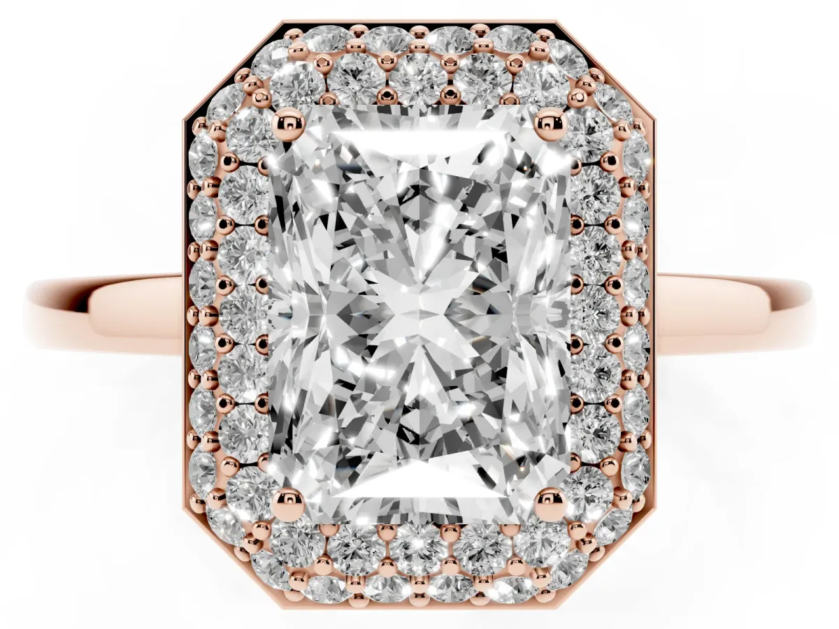 Radiant Cut Halo Diamond Engagement Ring with Solitaire Band and Four-Prong Setting Rose gold