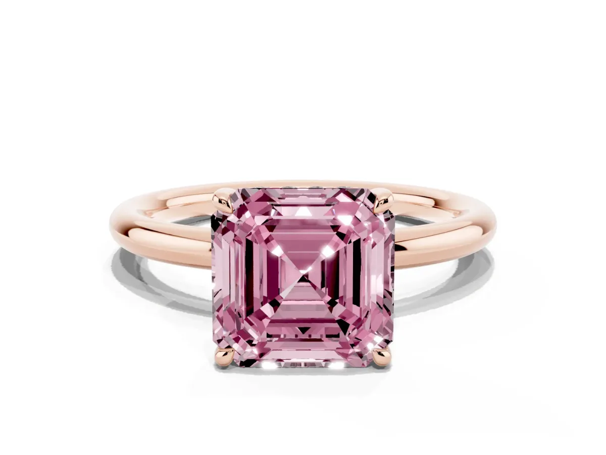 Fancy Pink Asscher Cut Diamond Solitaire Ring with Thin Band and Four-Prong Setting Rose gold