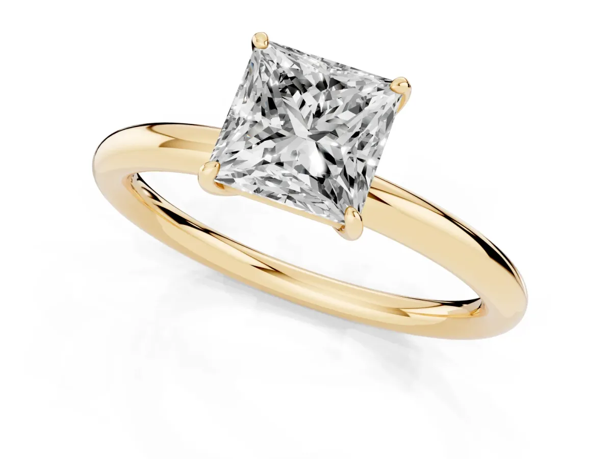 Princess Cut Solitaire Diamond Ring with Four-Prong Setting on a Plain Band Yellow gold
