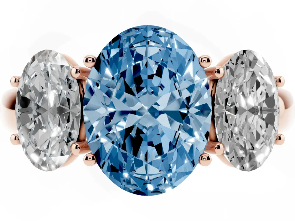 Fancy Blue Oval Cut Diamond Three-Stone Ring with Four-Prong Setting and Classic Band Rose gold