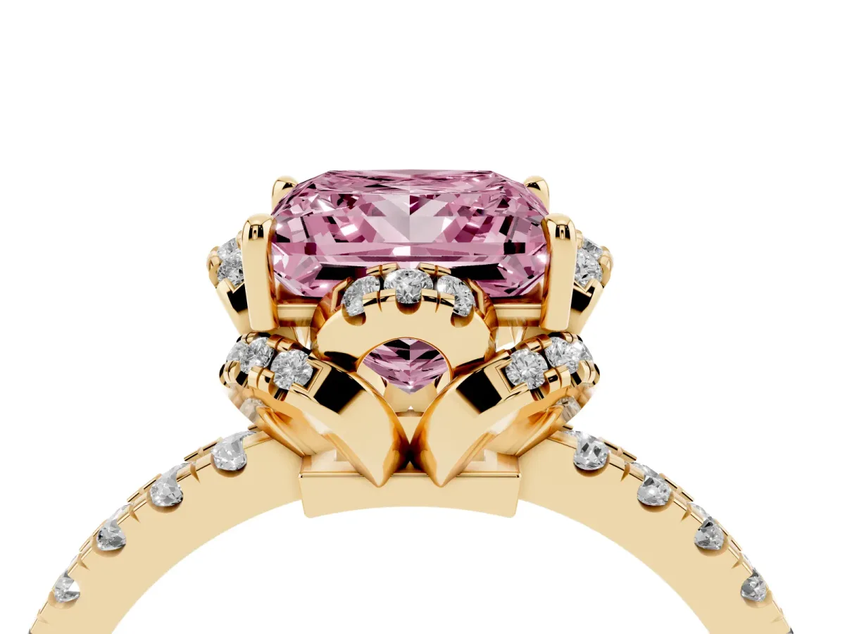 Fancy Pink Princess Cut Halo Diamond Pave Band Ring with Four-Prong Setting Yellow gold