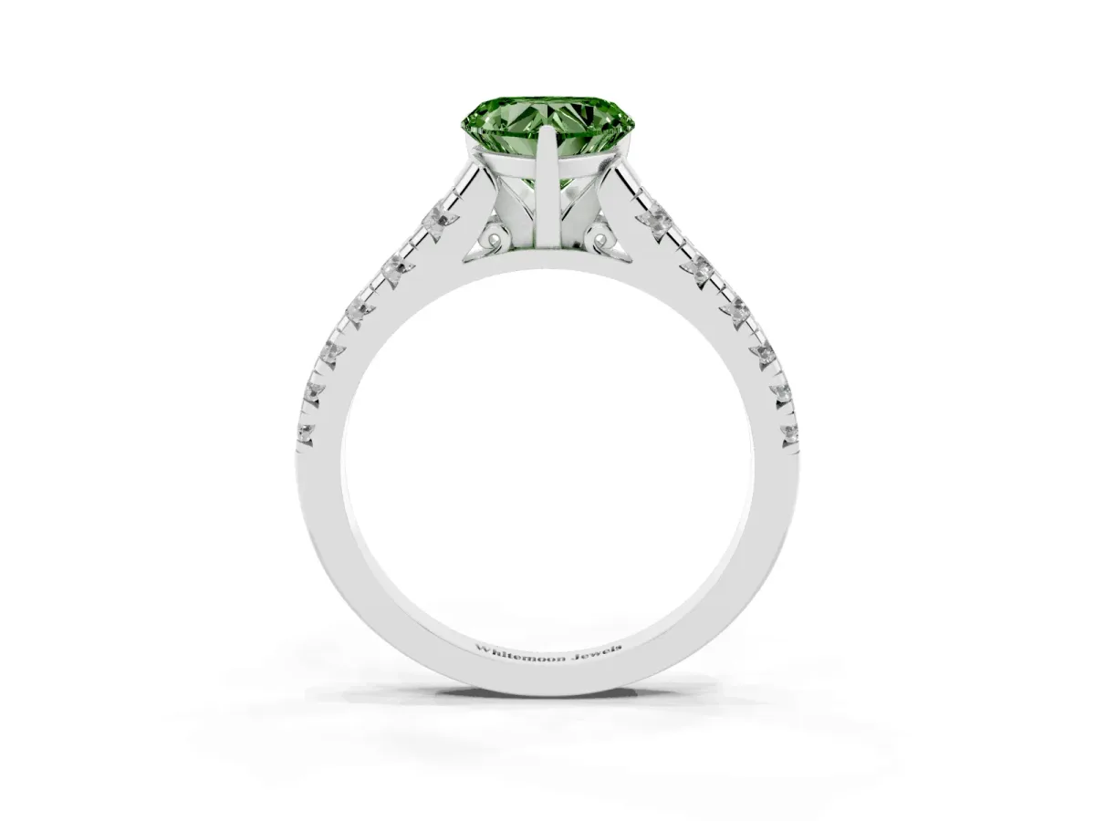 Fancy Green Heart Cut Diamond Cathedral Solitaire Ring with Round Pavé Band Silver