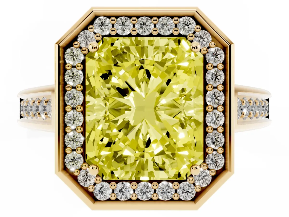 Fancy Yellow Emerald Cut Halo Solitaire Diamond Ring with Pave Band and Bezel Setting Yellow gold