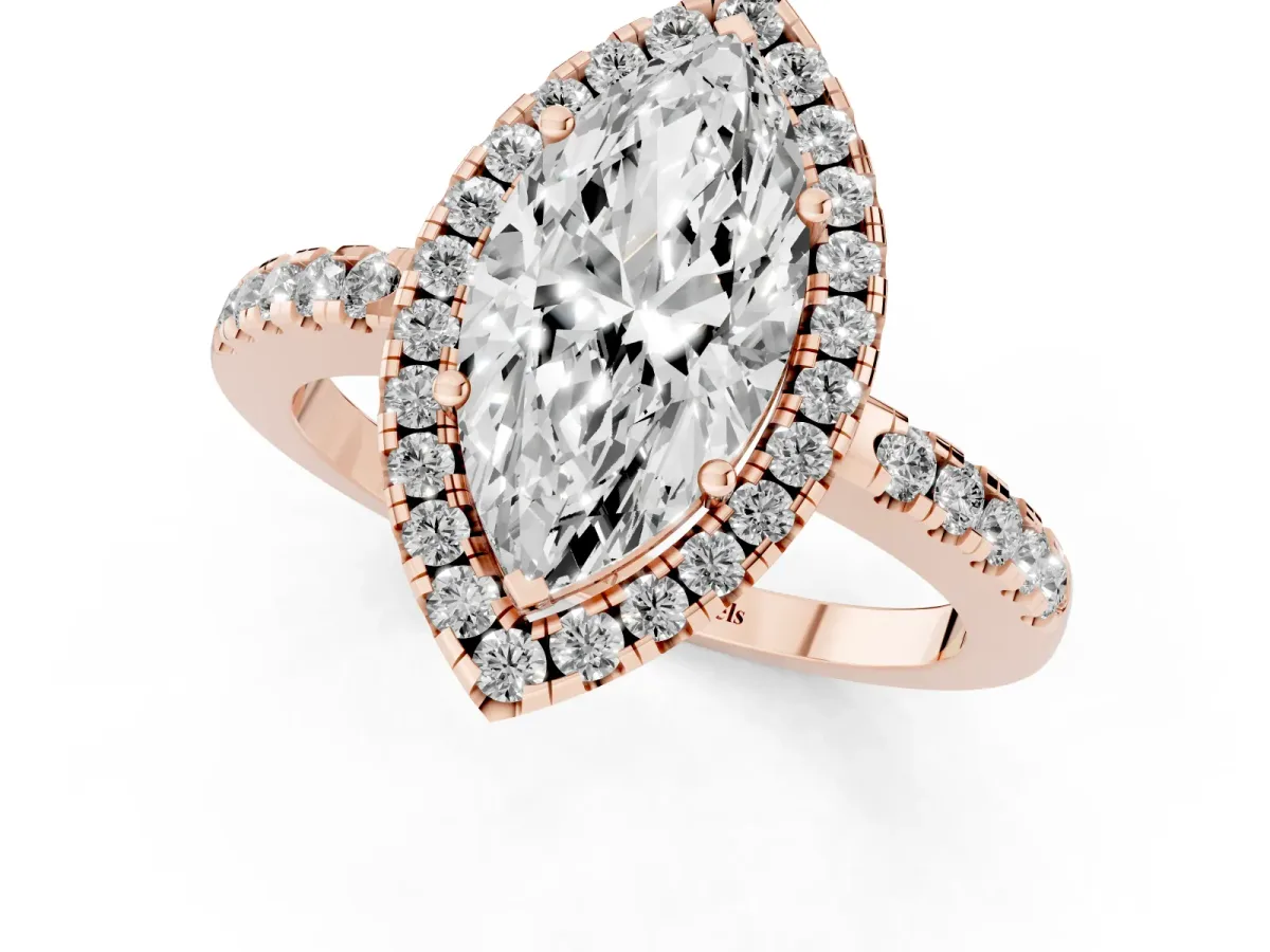 Marquise Cut Halo Diamond Engagement Ring with Pavé Band and Four-Prong Setting Rose gold