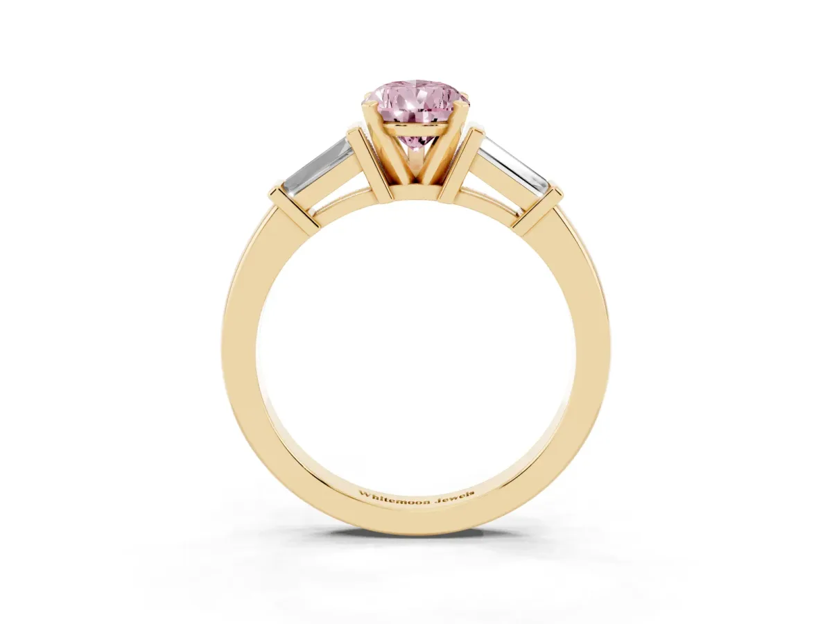 Fancy Pink Pear Cut Cut Diamond Solitaire Ring with Tapered Baguette Accents and Four-Prong Setting Yellow gold