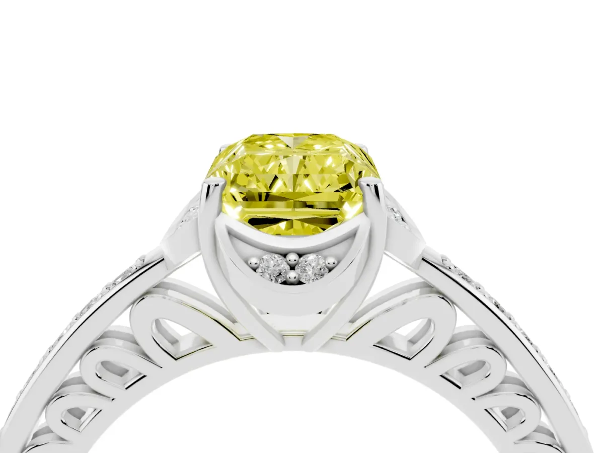 Fancy Yellow Radiant Cut Cut Halo Diamond Ring with Channel Set Band and Four-Prong Setting Silver
