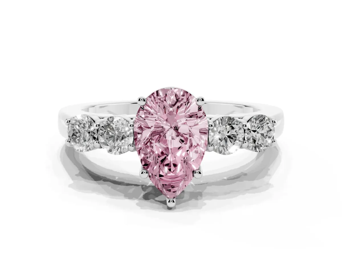 Fancy Pink Pear Cut Cut Diamond Five-Stone Prong Set White Gold Ring Silver