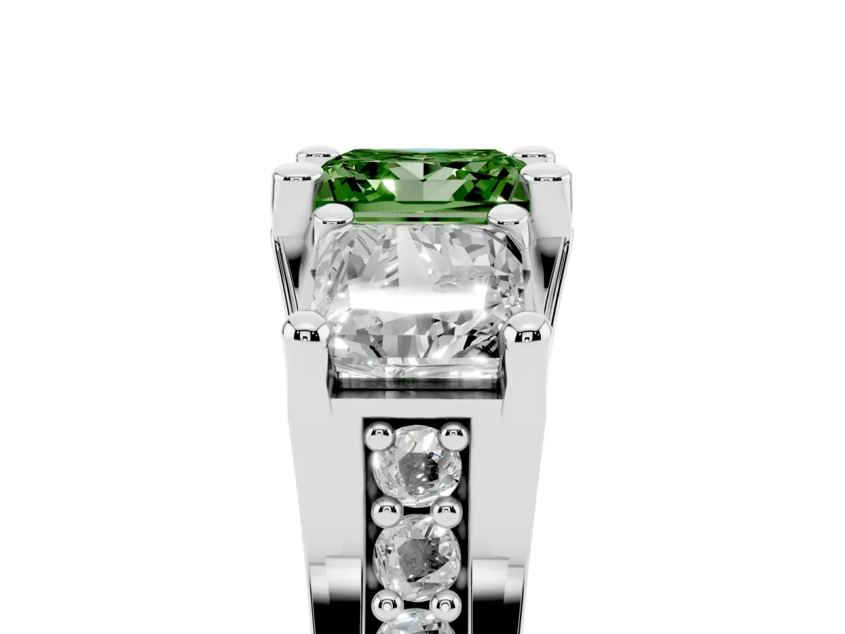 Fancy Green Princess Cut Diamond Three-Stone Ring with Channel Set Band and Four-Prong Setting Silver