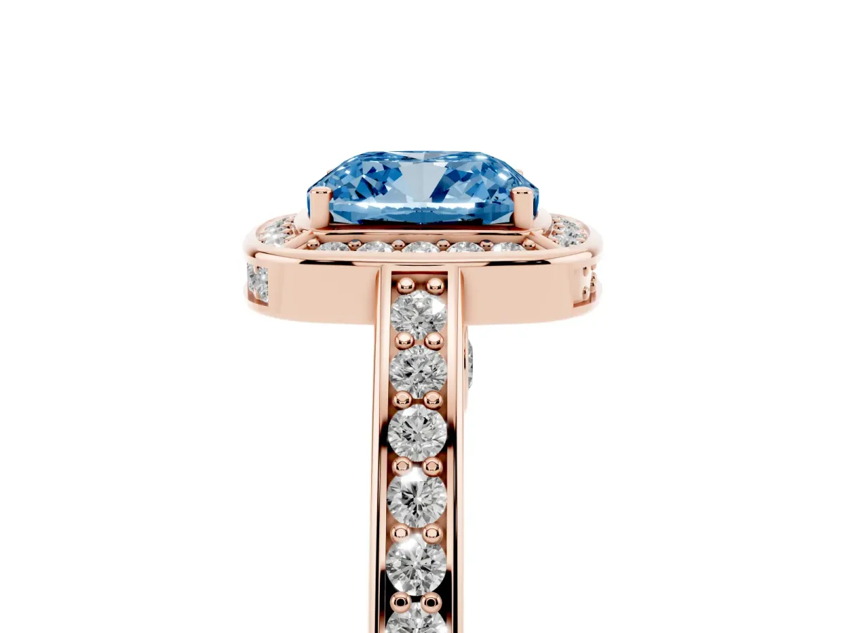 Fancy Blue Cushion Cut Cut Halo Pave Split Shank Prong Setting Ring Rose gold