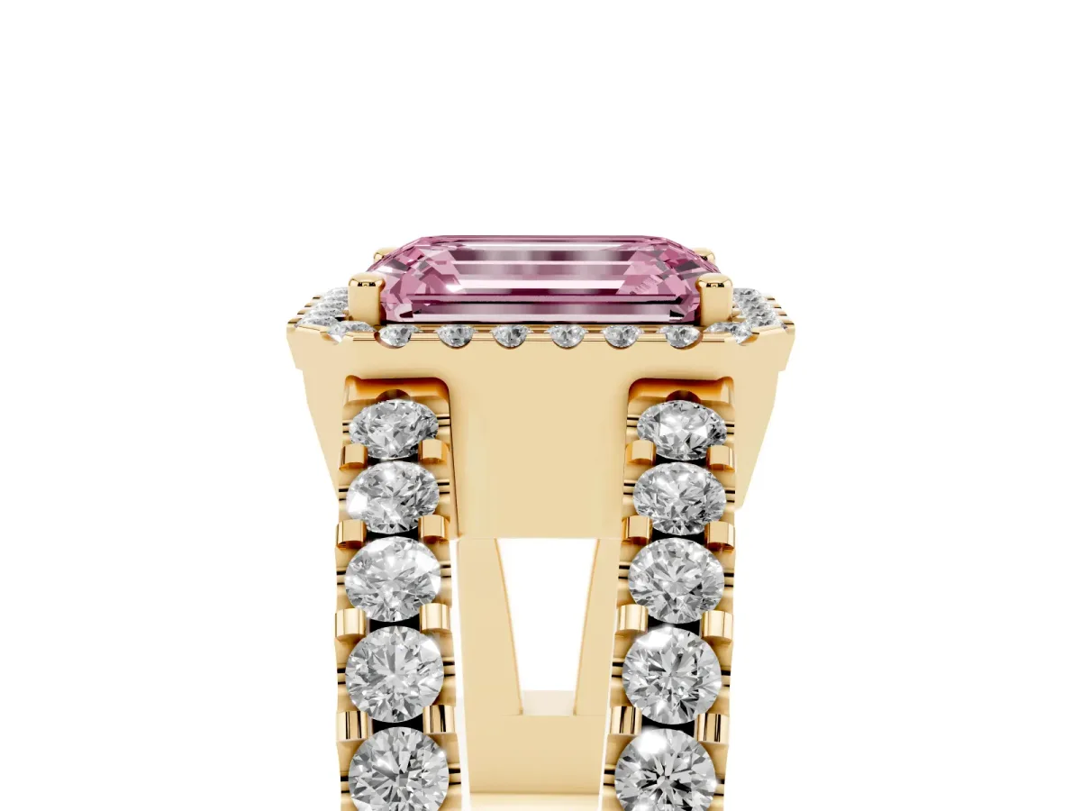 Fancy Pink Emerald Cut Cut Halo Split Shank Diamond Ring with Four-Prong Setting Yellow gold