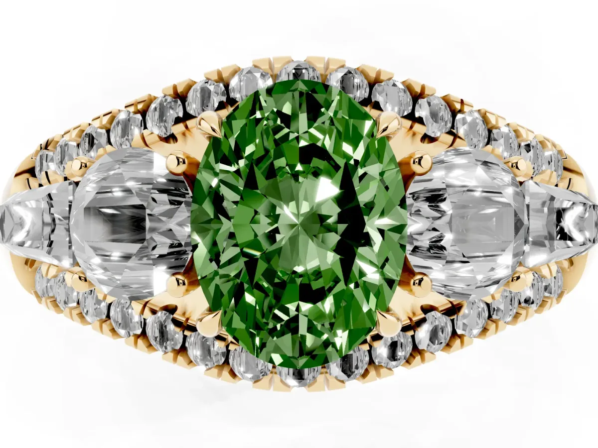 Fancy Green Three-Stone Oval Cut Diamond Engagement Ring with Pave Band and Prong Setting Yellow gold