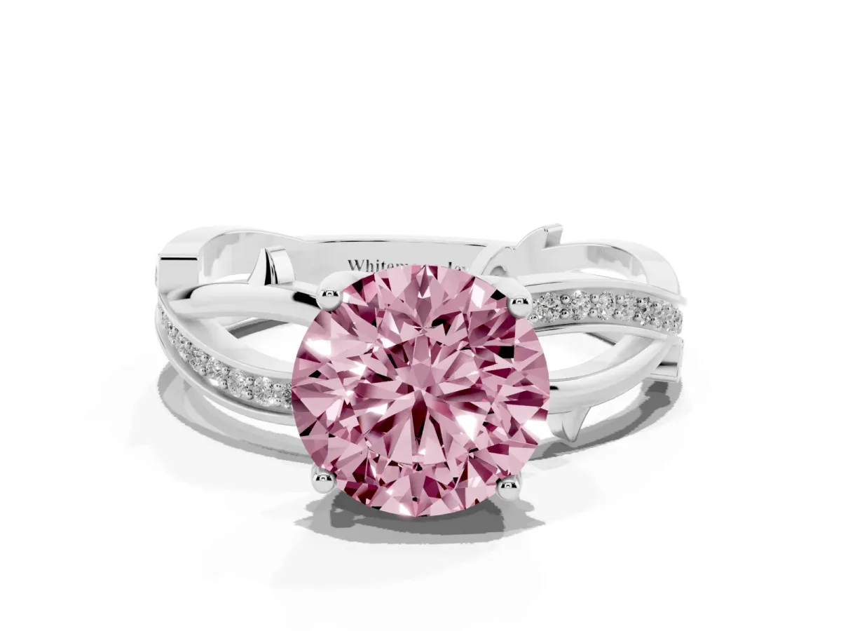 Fancy Pink Round Cut Solitaire Twist Band with Pavé Accents and Four-Prong Setting Platinum
