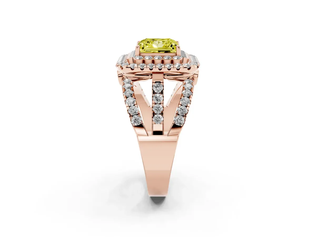 Fancy Yellow Princess Cut Diamond Double Halo Ring with Round Pavé Split Shank and Prong Setting Rose gold