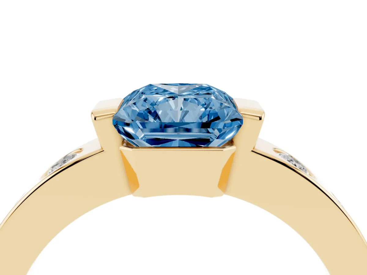 Fancy Blue Radiant Cut Brilliant Channel-Set Diamond Ring with Bezel Prong Setting Yellow gold