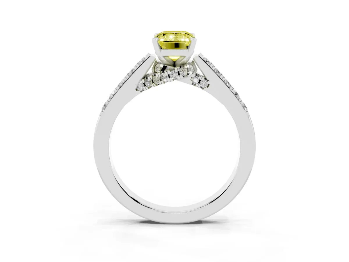 Fancy Yellow Emerald Cut Diamond Solitaire Ring with Crossover Gallery and Round Pavé Band Silver